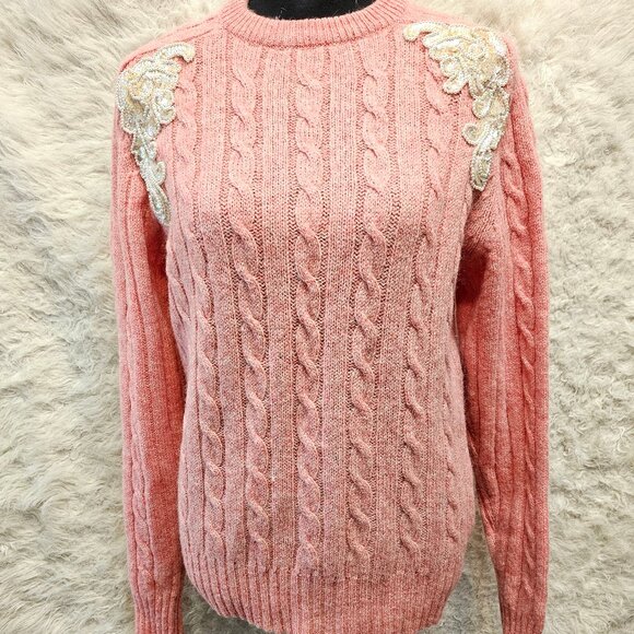 Vintage Glen Kaylin Pink 100% Pure Shetland Wool Knit Sequin Detail Sweater S - Picture 1 of 10